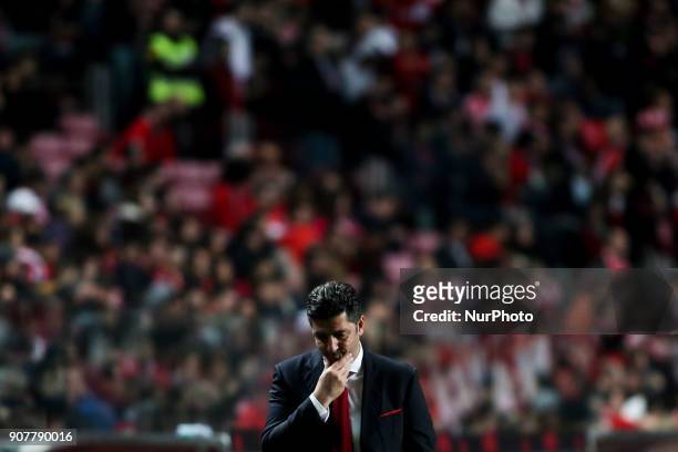 Benfica's coach Rui Vitoria reacts during the Portuguese League football match between SL Benfica and GD Chaves at Luz Stadium in Lisbon on January...