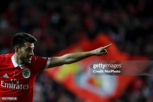Benfica's forward Pizzi celebrates after scoring a goal during the Portuguese League football match between SL Benfica and GD Chaves at Luz Stadium...