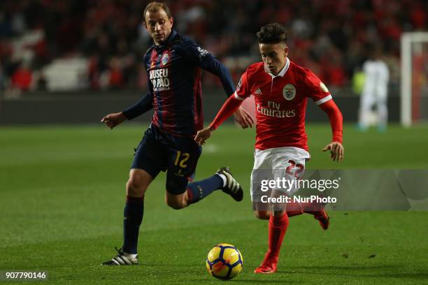 Benficas forward Franco Cervi from Argentina and GD Chaves midfielder Renan Bressan from Belarus during the Premier League 2017/18 match between SL...