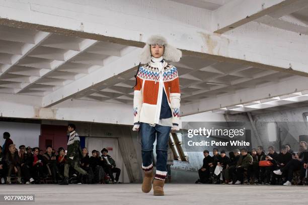 Model walks the runway during the Sacai Menswear Fall/Winter 2018-2019 show as part of Paris Fashion Week on January 20, 2018 in Paris, France.