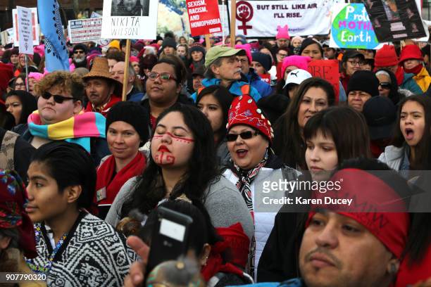 Thousands listen to speakers raising awareness of missing and murdered Indigenous women at a rally at Cal Anderson Park prior to the Women's March on...