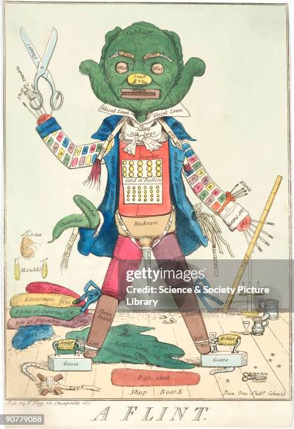 Hand-coloured etching priced at one shilling. Various items of the tailor�s trade make up his body, including a cabbage for his head, pattern card...