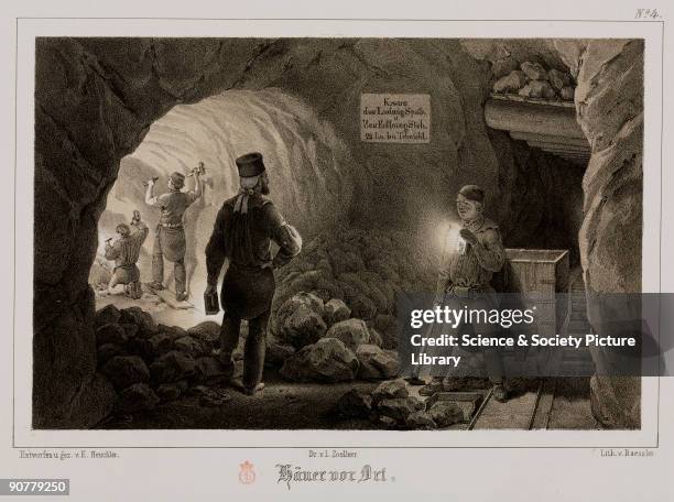 Underground mining scene; men on the left work with hammers and chisels. On the right is a wagon for the ore. Illustration from �Album für Freunde...