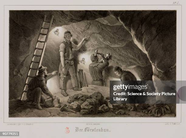 Miners working with hammer and chisel. Illustration from �Album für Freunde des Bergbaus: vierzehn Bilder aus dem Leben des Freiberger Berg-und...