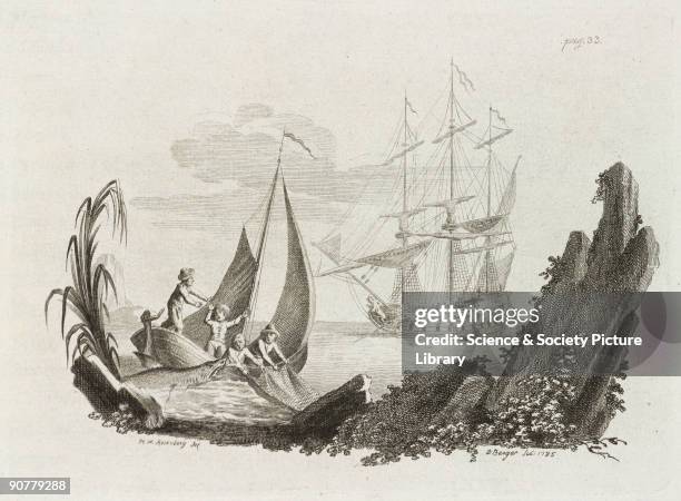 Engraving by Daniel Berger after J C W Rosenberg of fishermen in a small boat are surprised by a shark as they haul in their nets. From...