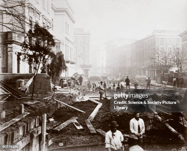 One of a series of photographs by Henry Flather showing the construction, undertaken between 1866 and 1870, of the Metropolitan District Railway's...