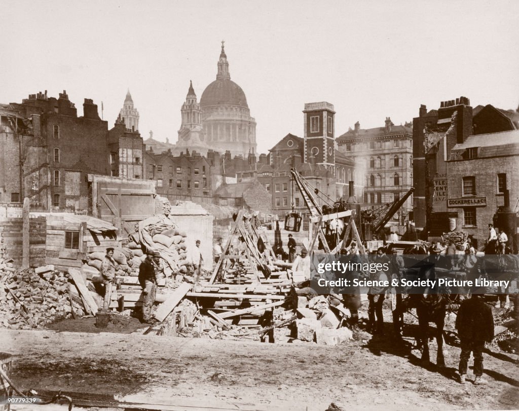 Site clearance at Queen Victoria Street, Blackfriars, London, c 1869.