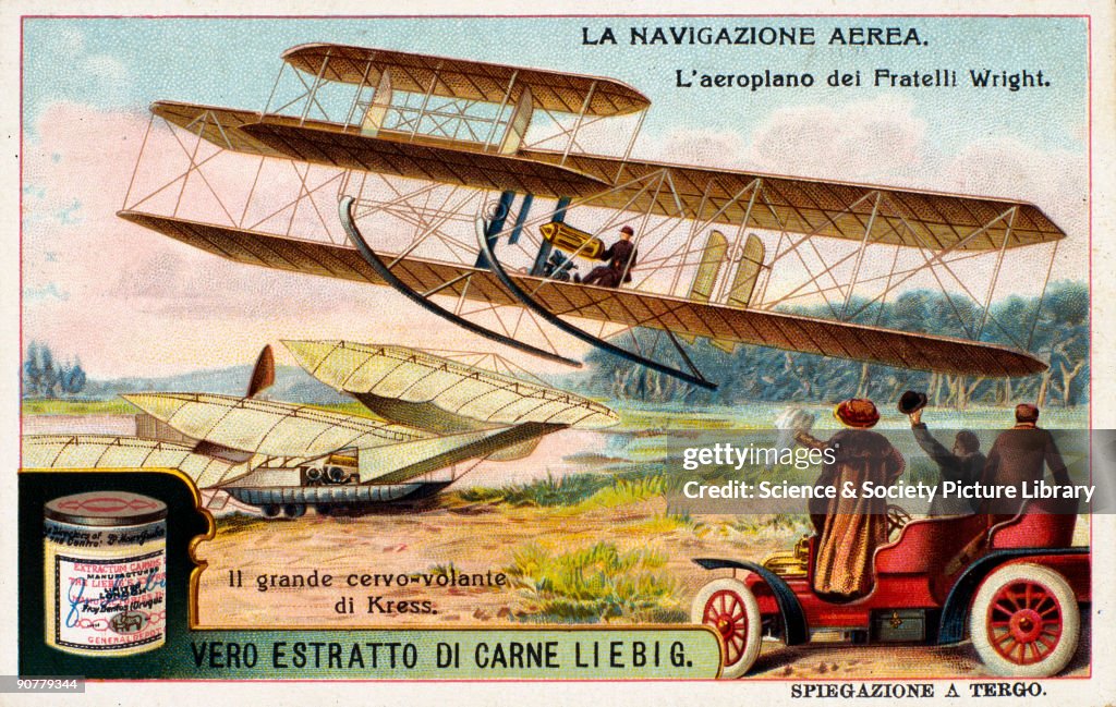The Wright brothers aeroplane taking flight, Liebig trade card, c.1910.