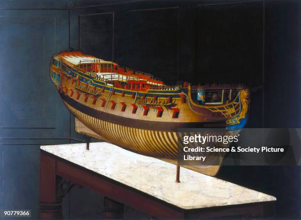 Perspective painting of a whole hull model, shown to King George III in 1773 as a prototype for a potential series, and used to instruct Prince...