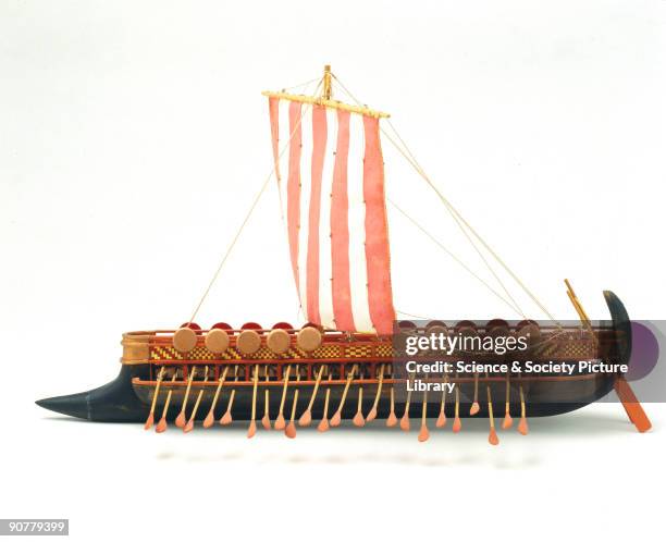 Model made in 1964. The Phoenician bireme is one of the earliest examples of the two tier arrangement of oars, adopted to give greater speeds without...