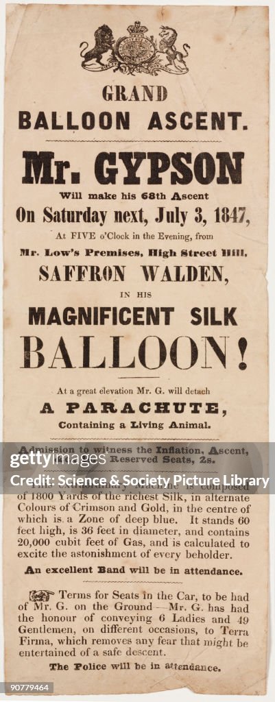 Handbill advertising Gypson�s grand balloon ascent, 3 July 1847.