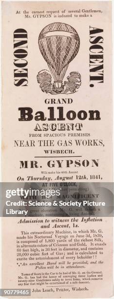 Printed handbill advertising Richard Gypson�s 40th balloon ascent from the gasworks at Wisbech, Cambridgeshire, on Thursday 12 August 1841. For this...