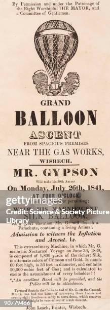 Printed handbill advertising Richard Gypson�s 39th balloon ascent from the gasworks at Wisbech, Cambridgeshire, on Monday 26 July 1841. For this...