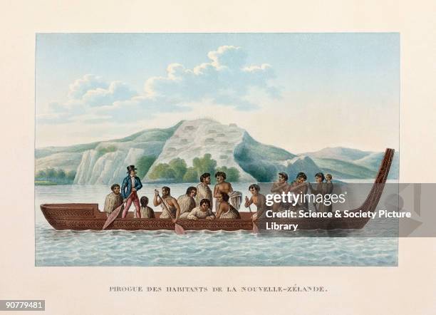 Engraved plate 45 from 'Voyage autour du monde' by Louis Isidore Duperrey. Maoris, one of whom is wearing European dress, paddling a canoe. Duperrey...