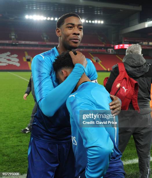 Zech Medley hugs Dominic Thompson of Arsenal after the FA Youth Cup 4th Round match between Liverpool and Arsenal at Anfield on January 20, 2018 in...