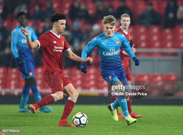 Josh Benson of Arsenal closes downe Curtis Jones of Liverpool during the FA Youth Cup 4th Round match between Liverpool and Arsenal at Anfield on...