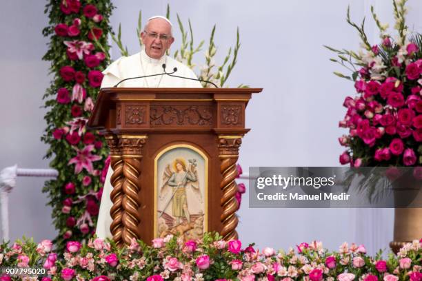 Pope Francis talks at Plaza de Armas of Trujillo during his 4-day apostolic visit to Peru on January 20, 2018 in Trujillo, Peru.