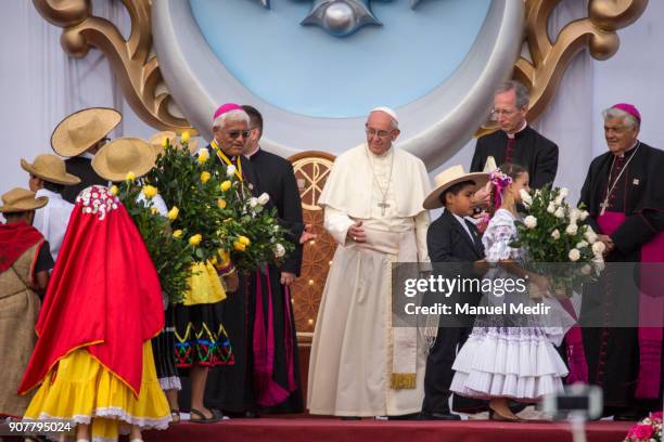 Pope Francis receive local faithful at Plaza de Armas of Trujillo during his 4-day apostolic visit to Peru on January 20, 2018 in Trujillo, Peru.