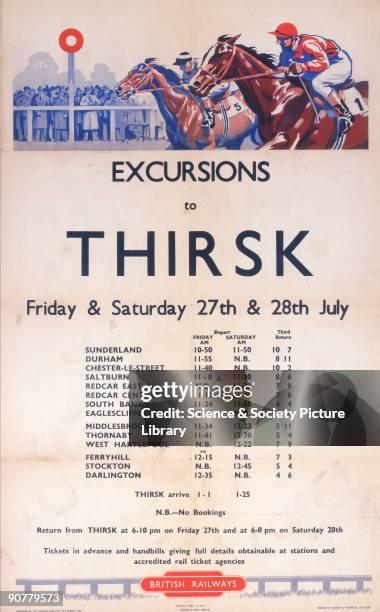 Poster produced for British Railways , promoting rail travel to the market town of Thirsk in North Yorkshire, famous for its race course. The...