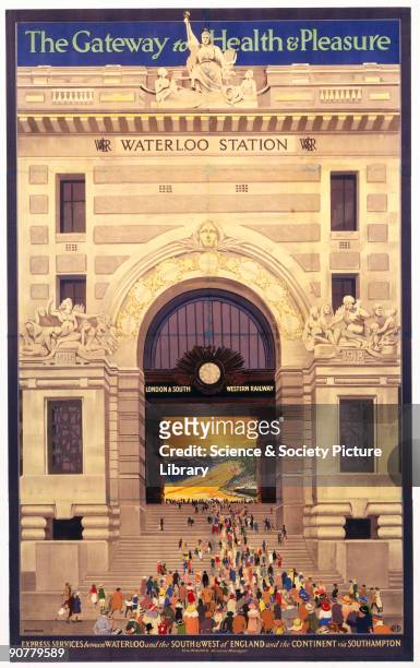 Poster produced for the London & South Western Railway , showing a view of the entrance to Waterloo Station, London, where crowds of rail passengers...