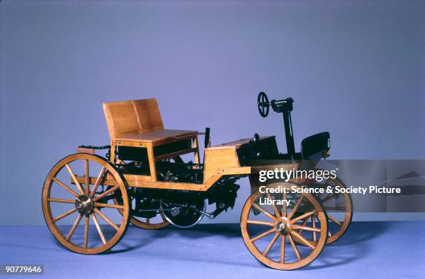 Scale model. In 1875, the Austrian engineer Siegfried Marcus made this petrol-driven motor car. The oak framed car was very compact, storing the...