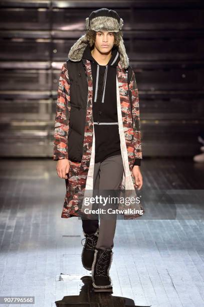 Model walks the runway at the White Mountaineering Autumn Winter 2018 fashion show during Paris Menswear Fashion Week on January 20, 2018 in Paris,...