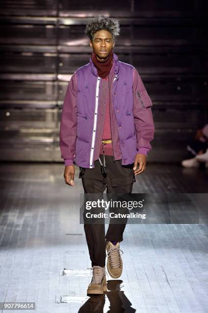 Model walks the runway at the White Mountaineering Autumn Winter 2018 fashion show during Paris Menswear Fashion Week on January 20, 2018 in Paris,...