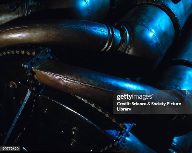 Close-up of manifolds and combustion chambers. Sir Frank Whittle had the idea for jet propulsion whilst writing a thesis on 'Future Developments in...