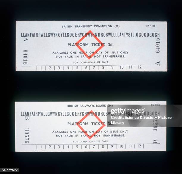Platform tickets for Llanfairpwllgwyngyllgogeryc- hwyrndrobwllllantysiliogogogoch station on Anglesey in North Wales. The tickets cost 3d, and are...