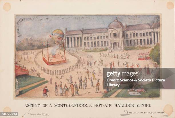 Watercolour sketch showing the ascent of a Montgolfier hot-air balloon. French paper-makers Joseph Michel and Jacques-Etienne Montgolfier were...