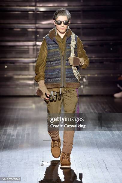 Model walks the runway at the White Mountaineering Autumn Winter 2018 fashion show during Paris Menswear Fashion Week on January 20, 2018 in Paris,...