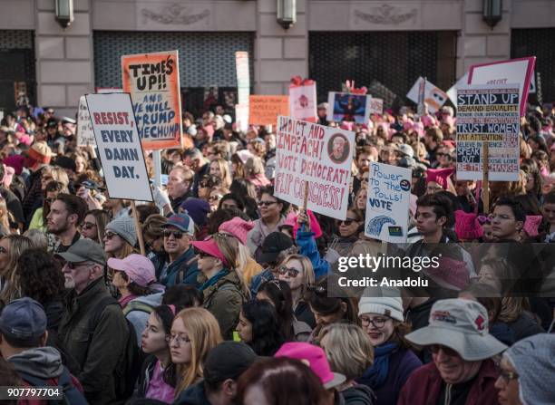 The crowd sprinkled with pink beanie hats at the Women's March LA on Saturday, January 20 in Downtown Los Angeles. Approximately 500k people attended...