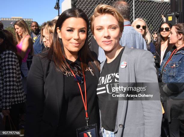 Eva Longoria and Scarlett Johansson at the 2018 Women's March Los Angeles at Pershing Square on January 20, 2018 in Los Angeles, California.