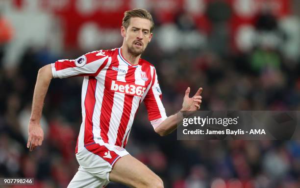 Peter Crouch of Stoke City during the Premier League match between Stoke City and Huddersfield Town at Bet365 Stadium on January 20, 2018 in Stoke on...