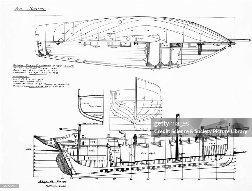 Elevation and deck plan of the smack, Three Brothers of Rye, 1937.
