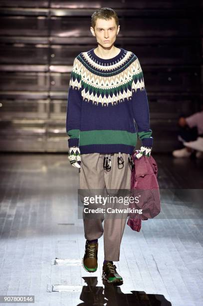 Model walks the runway at the White Mountaineering Autumn Winter 2018 fashion show during Paris Menswear Fashion Week on January 20, 2018 in Paris,...