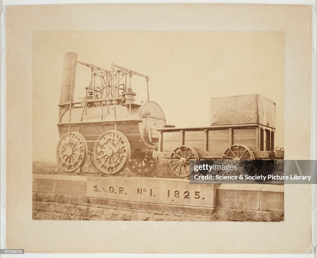 �Locomotion� displayed on a plinth at North Road Station, Darlington, 1870.