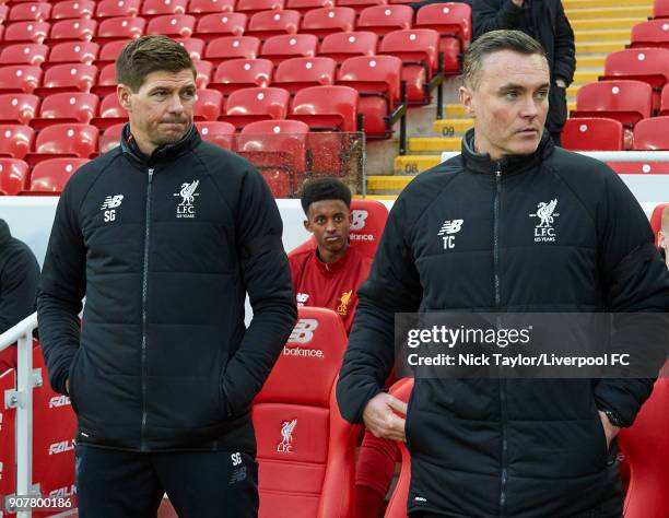 Liverpool U18 manager Steven Gerrard with his assistant Tom Culshaw before the Liverpool v Arsenal FA Youth Cup game at Anfield on January 20, 2018...