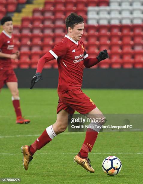 Liam Millar of Liverpool in action during the Liverpool v Arsenal FA Youth Cup game at Anfield on January 20, 2018 in Liverpool, England.