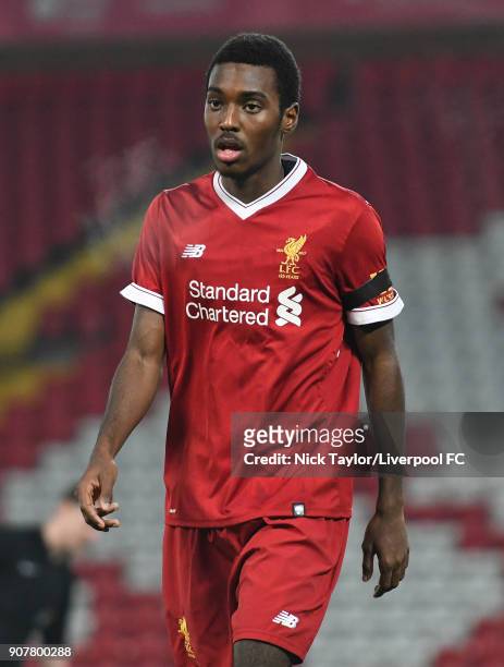 Rafael Camacho of Liverpool in action during the Liverpool v Arsenal FA Youth Cup game at Anfield on January 20, 2018 in Liverpool, England.