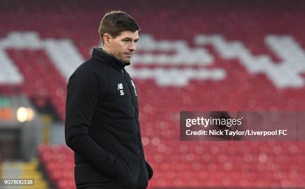 Liverpool U18 manager Steven Gerrard during the Liverpool v Arsenal FA Youth Cup game at Anfield on January 20, 2018 in Liverpool, England.