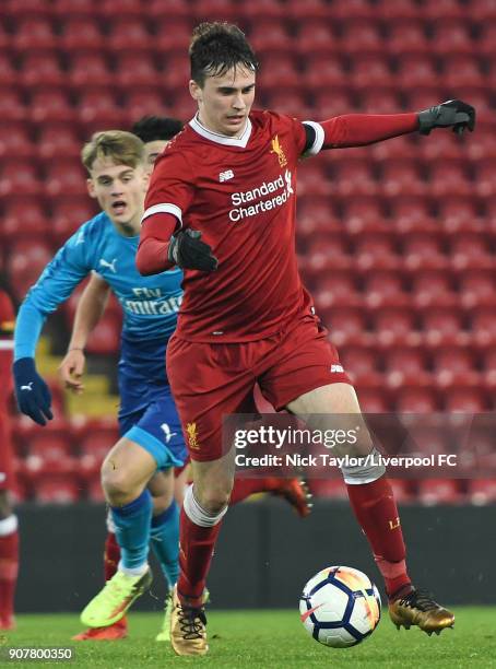 Liam Millar of Liverpool in action during the Liverpool v Arsenal FA Youth Cup game at Anfield on January 20, 2018 in Liverpool, England.