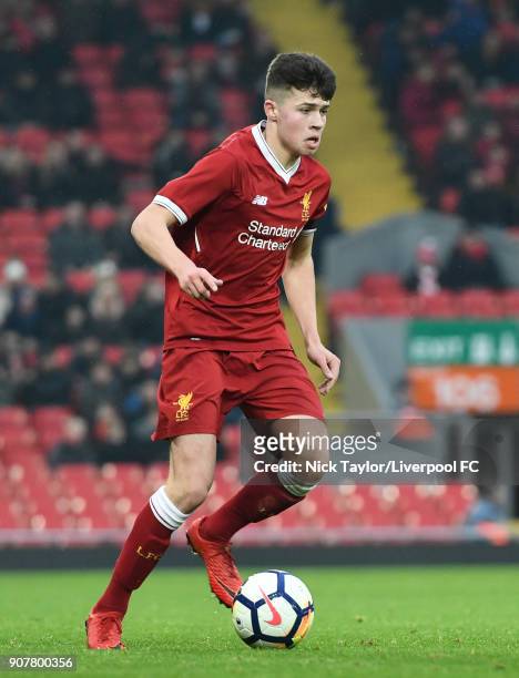 Neco Williams of Liverpool in action during the Liverpool v Arsenal FA Youth Cup game at Anfield on January 20, 2018 in Liverpool, England.