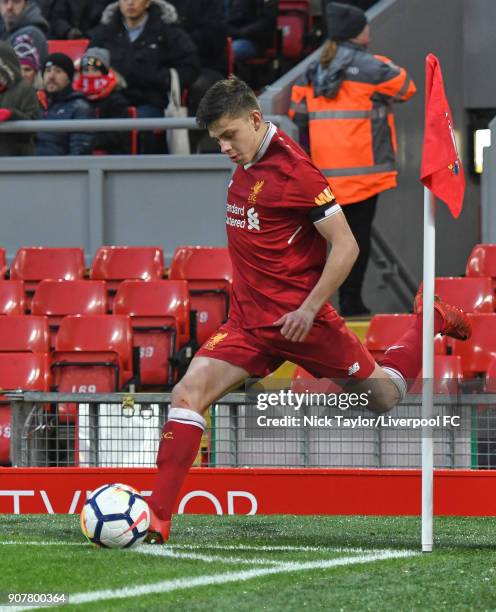 Adam Lewis of Liverpool in action during the Liverpool v Arsenal FA Youth Cup game at Anfield on January 20, 2018 in Liverpool, England.