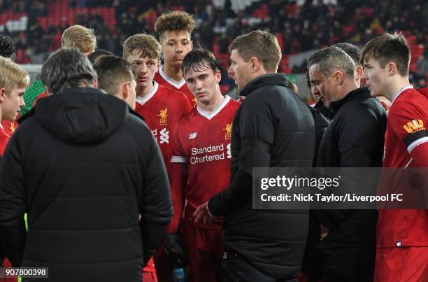 Liverpool U18 manager Steven Gerrard issues instructions to his players during the Liverpool v Arsenal FA Youth Cup game at Anfield on January 20,...