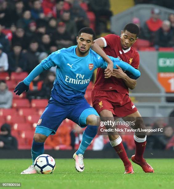 Elijah Dixon-Bonner of Liverpool and Trae Coyle of Arsenal in action during the Liverpool v Arsenal FA Youth Cup game at Anfield on January 20, 2018...