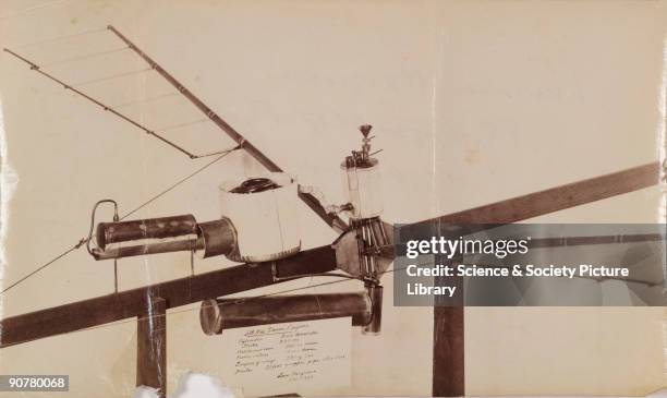 Photograph of a steam engine weighing 5 lbs 11 oz, to power a model flying machine designed by the English-born Australian aeronautical pioneer,...