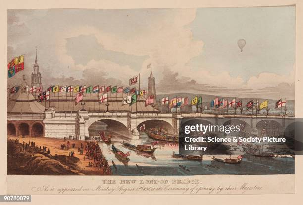 Coloured print showing New London Bridge �as it appeared on Monday August 1st 1831 at the Ceremony of opening by their Majesties�. Civil engineer...