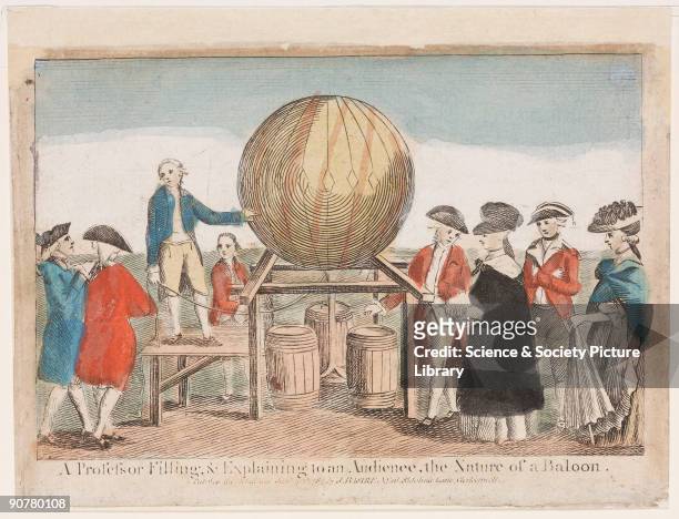 Colour print entitled �A Professor Filling and Explaining to an Audience the Nature of a Balloon�. Hot-air balloons are based on the simple...