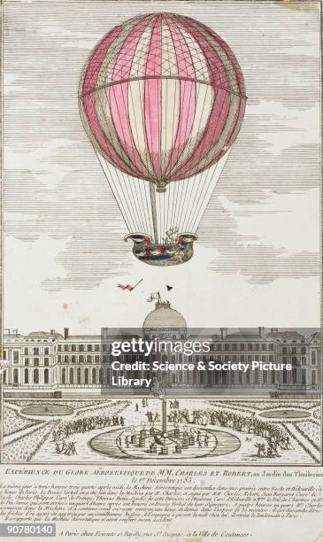 Coloured engraving by Esnauts and Rapilly showing Charles and Noel Robert�s first manned ascent of a hydrogen balloon, at the Tuileries Gardens. It...